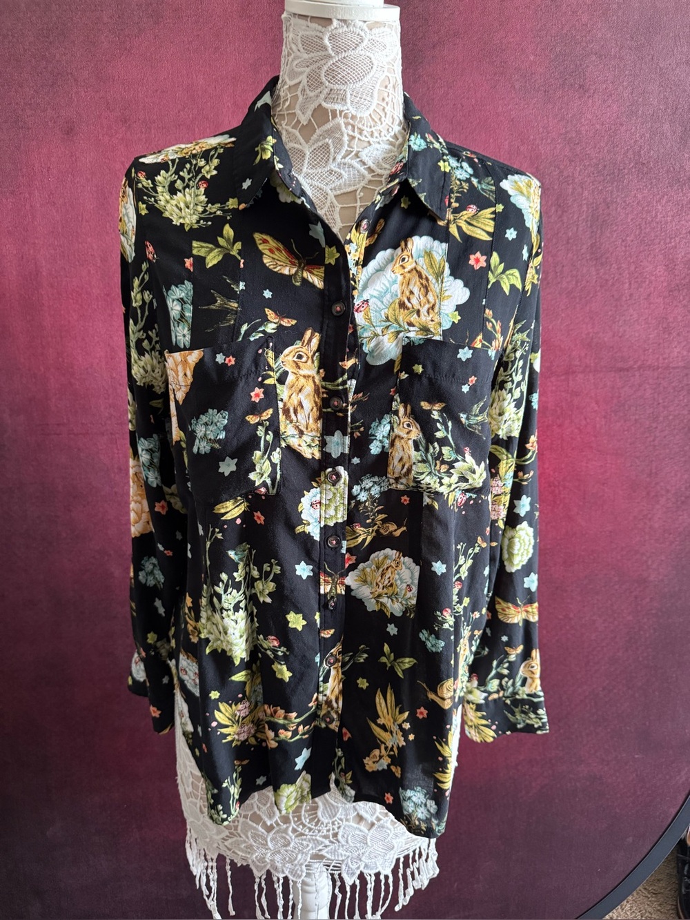 Maeve by Anthropologie Black Floral & Bunny Print Button Down  Shirt.